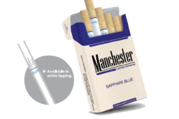 Manchester Sapphire Blue cigarette pack with white tipping detail