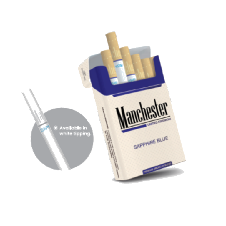 Manchester Sapphire Blue cigarette pack with white tipping detail